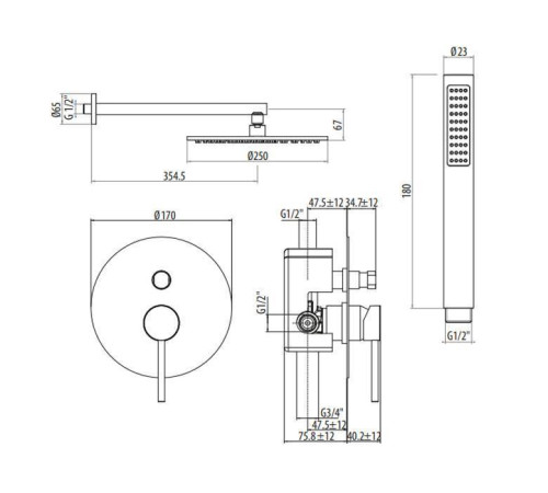 Комплект для душа Gattoni Circle Two/ONE со встроенным смесителем и верхним душем 250 мм черный матовый 9190/PDNO