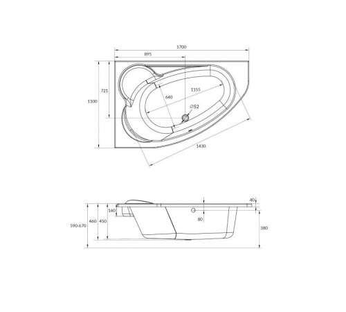 Ванна акриловая асимметричная Cersanit KALIOPE 170x110 см левая 63443