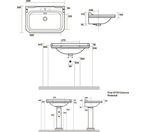 Раковина Kerasan Waldorf 80х55 см 3 отверстия керамическая белый/хром 4141K1bi/cr*3