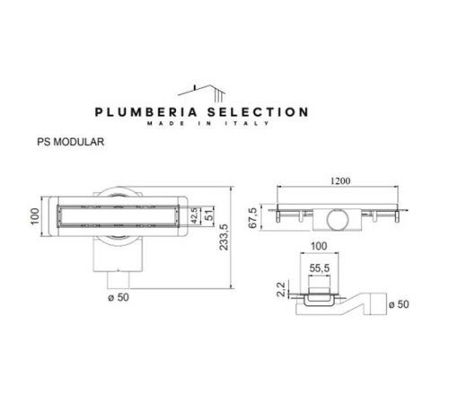 Трап душевой Plumberia Selection PS MODULAR 4x120 мм комбинированный затвор нержавеющая сталь PSM120MT
