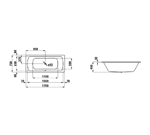 Ванна встраиваемая Laufen Pro 170x75 см стальная центральный слив антискольжение белый 2.2695.0.600.040.1