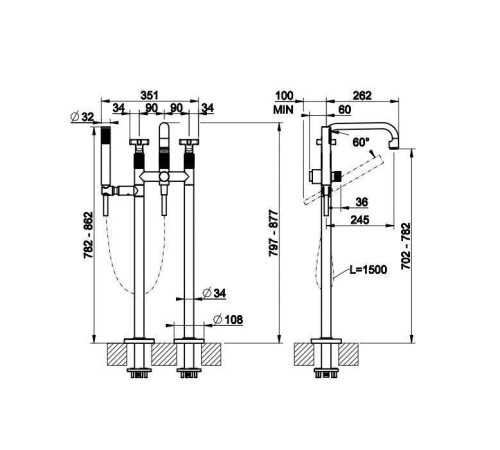 Смеситель для ванны Gessi Inciso напольный с ручным душем Brushed Brass PVD 58129#727