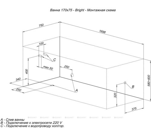 Ванна акриловая Aquanet Bright 170x75 см с каркасом и сливом-переливом 00233141