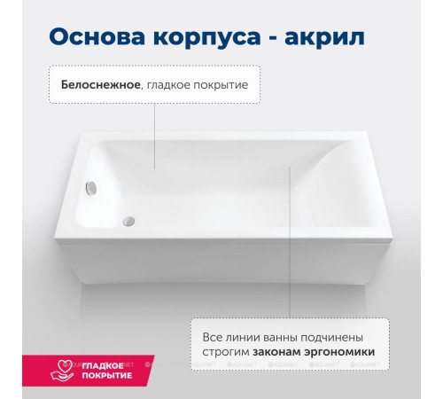 Ванна акриловая Aquanet Bright 175x75 см с каркасом и сливом-переливом 00216660