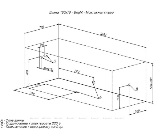 Ванна акриловая Aquanet Bright 180x70 см с каркасом и сливом-переливом 00216662