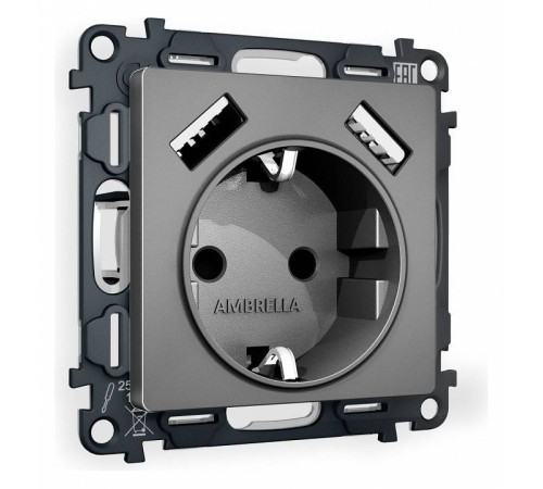 Розетка с заземлением и со шторкой и 2хUSB type A, без рамки Ambrella Volt Quant MA659010