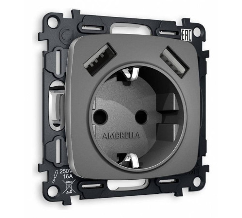 Розетка с заземлением и 2хUSB type A, без рамки Ambrella Volt Quant MO659010
