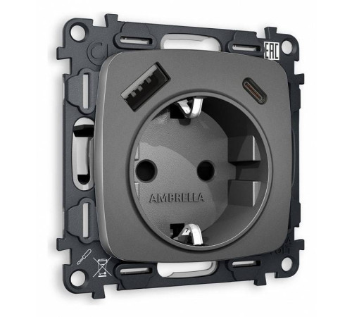 Розетка с заземлением и 2хUSB type A и C, без рамки Ambrella Volt Quant MO660010