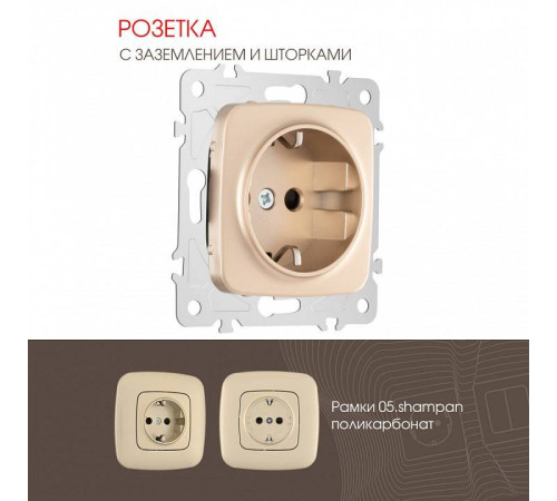 Розетка с заземлением и со шторкой, без рамки Arte Milano am-205 205.40-1.shampan