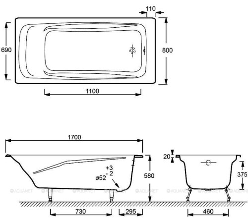 Ванна чугунная Jacob Delafon Repos 170x80 см без отверстий для ручек E2918-00