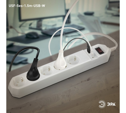 Удлинитель с выключателем Эра USF-5es-1.5m-USB-W