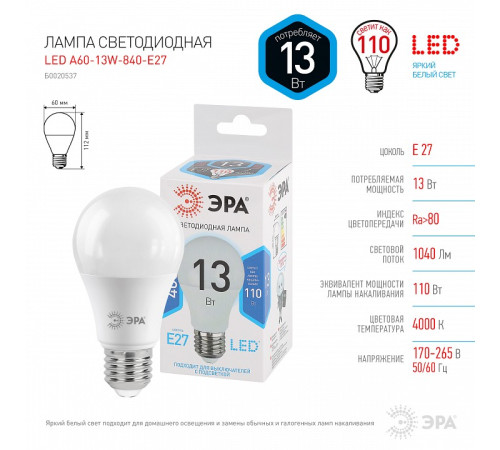 Лампа светодиодная Эра Стандарт LED A60-13W-840-E27