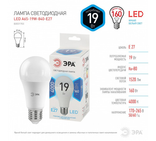 Лампа светодиодная Эра Стандарт LED A65-19W-840-E27