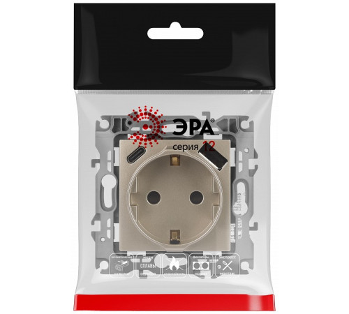 Розетка с заземлением и со шторкой и 2хUSB, без рамки Эра Эра 12 12-4108-04