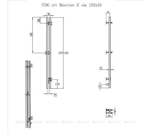 Полотенцесушитель водяной Тругор Пэк сп Вектор кв 2 120х10 матовый хром 00-00048455