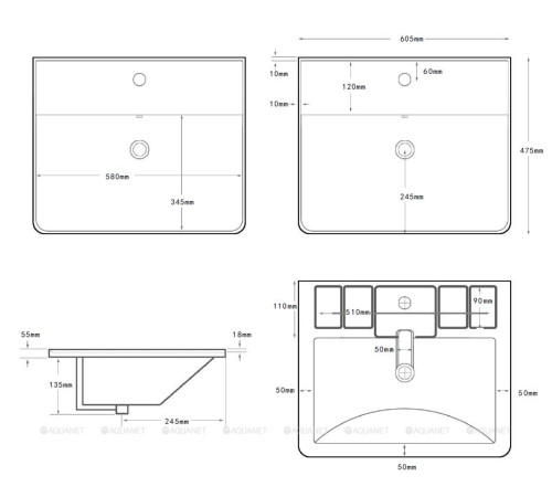 Раковина накладная Aquanet Ирис-Т 605х475х190 мм 00346264