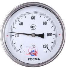 Термометр биметаллический Росма БТ-51.211 100 мм 120 °C осевой шток 100х6 мм G1/2 00000002539