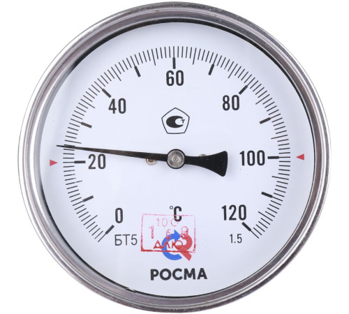 Термометр биметаллический Росма БТ-51.211 100 мм 120 °C осевой шток 100х6 мм G1/2 00000002539