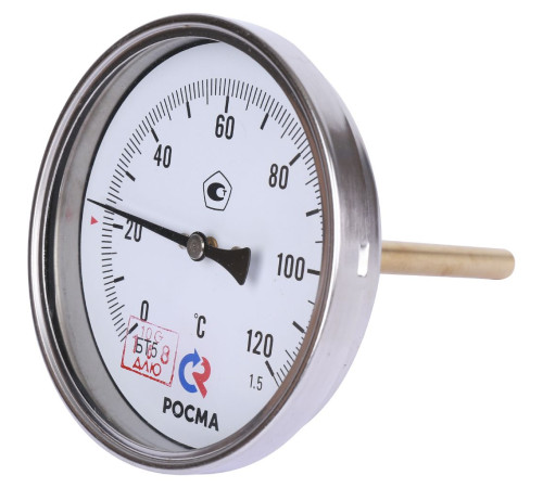 Термометр биметаллический Росма БТ-51.211 100 мм 120 °C осевой шток 100х6 мм G1/2 00000002539