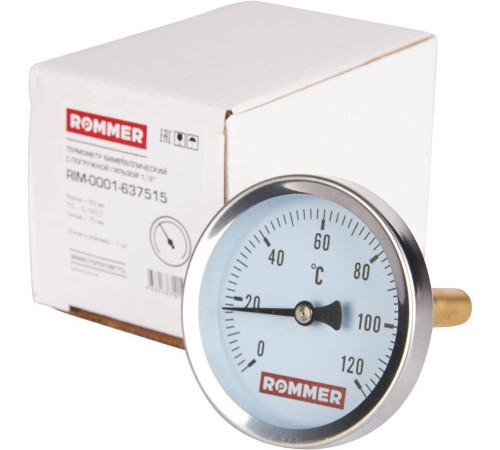 Термометр биметаллический аксиальный ROMMER 63/75 мм 1/2 0-120 °C RIM-0001-637515