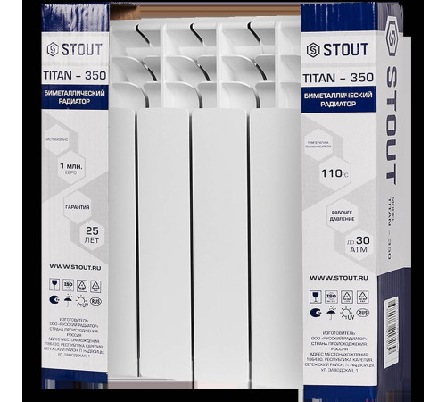 Радиатор биметаллический STOUT TITAN 350 4 секции боковое подключение RAL 9016 SRB-3310-035004