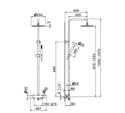 Душевая стойка с термостатом Newform X-STEEL 316 верхний душ 250 мм INOX 69650X.50.050