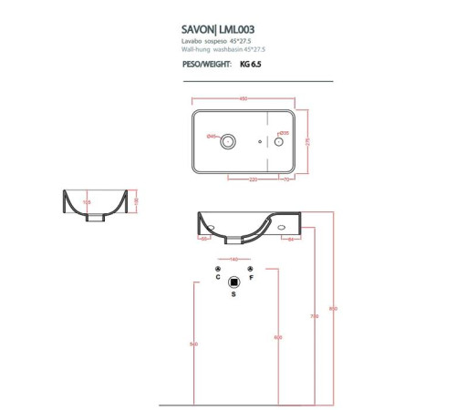 Раковина подвесная Artceram Lavamani Union 27х45 см LML003 01 00