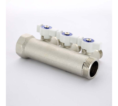 Коллектор распределительный Uni-Fitt 1 НВ 3 выхода 1/2 Н 40 мм с отсечными кранами никелированный 424N4230