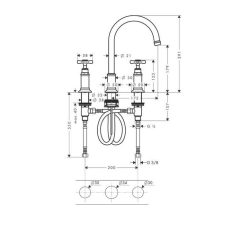 Смеситель для раковины AXOR Montreux 180 на 3 отверстия никель 16513820
