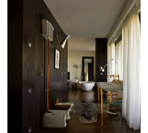 Унитаз пристенный Kerasan Waldorf с высоким бачком и трубой белый/золото 411601/418001/754591/760391/757391