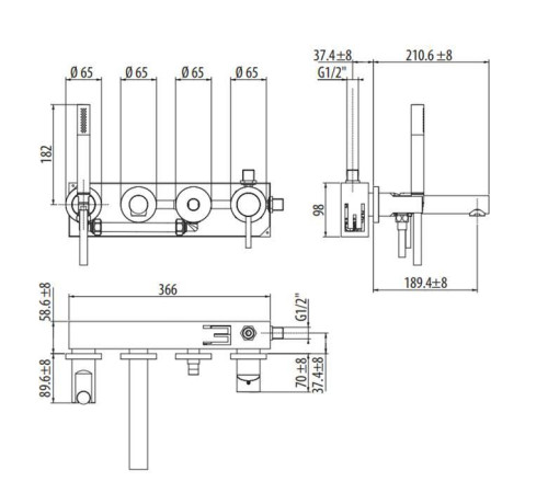 Смеситель для ванны встраиваемый Gattoni Circle One на 4 отверстия с ручной лейкой хром 9005/90C0