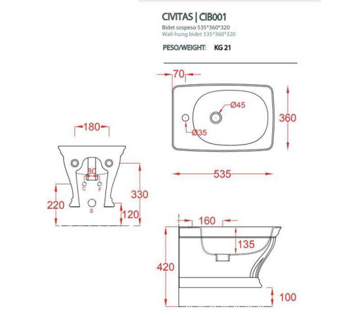 Биде подвесное Artceram Civitas 36х54 см 1 отверстие белый CIB001 01 00