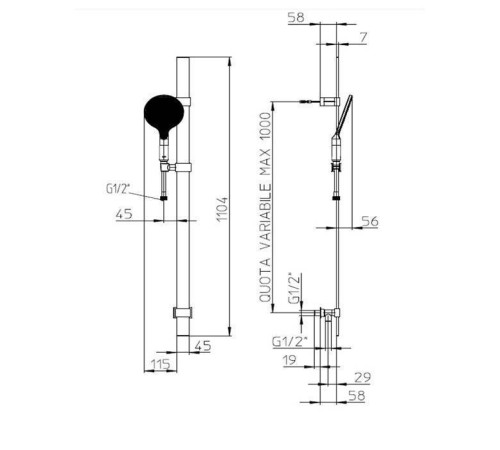 Душевой гарнитур Bossini Apice штанга с подводом воды шланг 1500 мм черный D48086.073