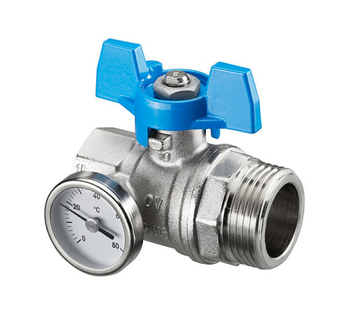 Кран шаровой Oventrop 3/4 ВР x 1 НР с термометром и синей ручкой-бабочкой 1406583