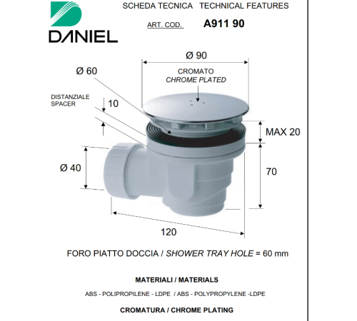 Сифон для душевого поддона Daniel Rubinetterie 60 мм хром A911 90