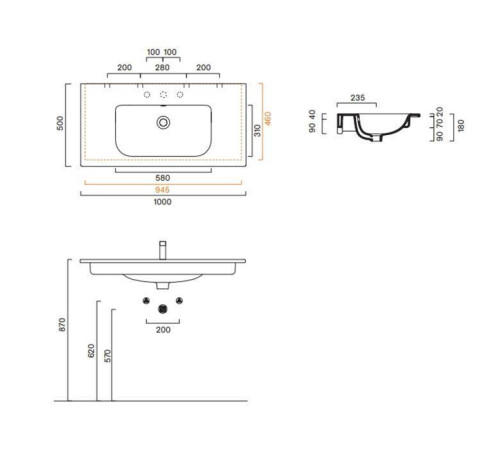 Раковина Catalano Italy 100х50 см с 1 отверстием 0721011001