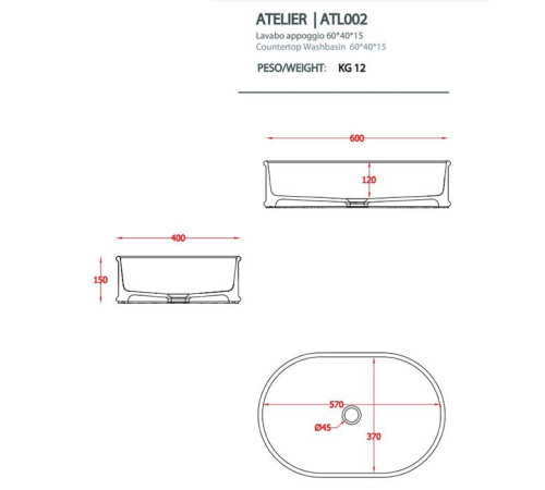 Раковина накладная Artceram Atelier 60х40 см без отв. белый ATL002 01 00