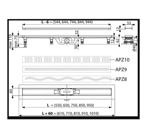 Душевой лоток Alca APZ8 Simple 850 мм с порогами APZ8-850M