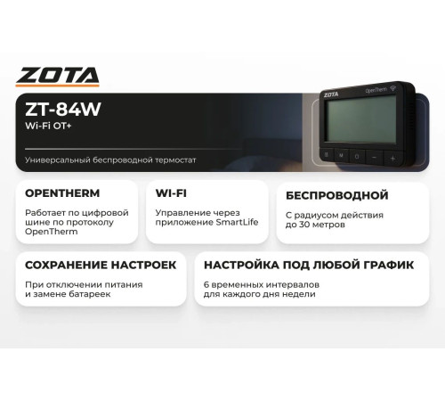 Термостат комнатный ZOTA ZT-84W беспроводной Wi-Fi OT+ 00-00002059