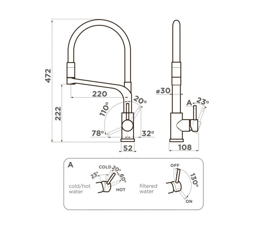 Смеситель для кухни Omoikiri Sinto 2 Plus-GM-R с выдвижным изливом и подключением фильтра вороненая сталь/красный 4994467