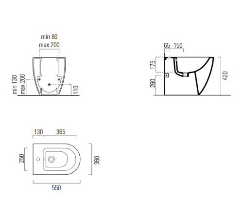 Биде напольное приставное GSI Pura 550х360 мм белое глянцевое 8872FT111