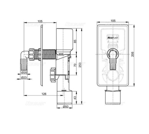 Сифон для стиральной машины Alcaplast с разрывом струи скрытого монтажа APS3P