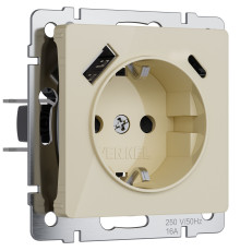 Розетка с заземлением, шторками и USB A+C (айвори акрил) W1171743