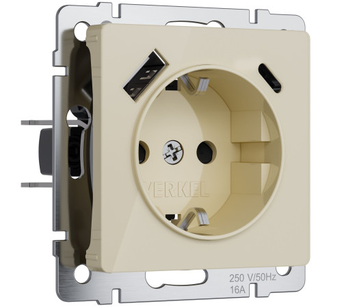 Розетка с заземлением, шторками и USB A+C (айвори акрил) W1171743