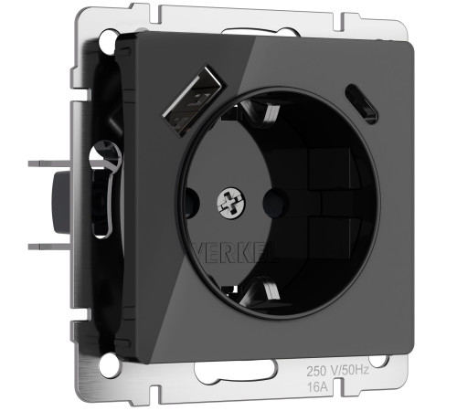 Розетка с заземлением, шторками и USB тип A+C (черный акрил) W1171748