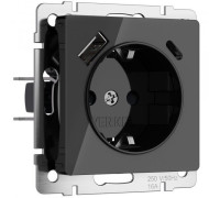 Розетка с заземлением, шторками и USB тип A+C (черный акрил) W1171748