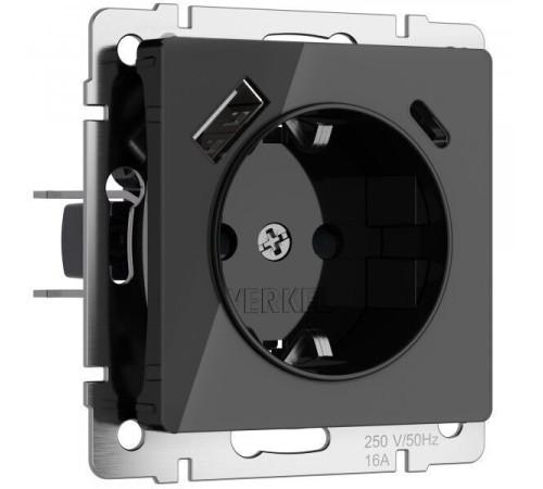 Розетка с заземлением, шторками и USB тип A+C (черный акрил) W1171748