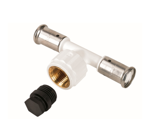 Тройник пресс HENCO PVDF с внутренней резьбой и заглушкой 20x1/2x20 мм белый 13PKW-200420