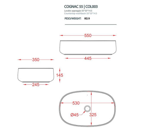 Раковина накладная Artceram Cognac 55x35 см Saniglaze белый матовый COL003 05 34