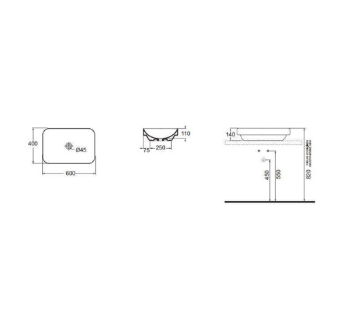 Раковина накладная Azzurra Elegance Soft 60x40x14 см без отв. ELLG060400S0BI